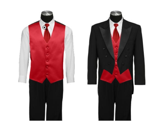  black or white undershirt red vest and red tie While a white tux would 